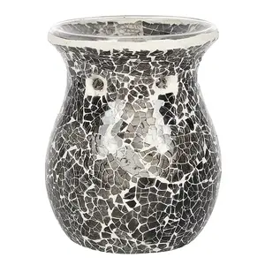 Grey Glass Flared Oil, Wax Melt Burner. Mirrored Crackle Effect. H14 cm