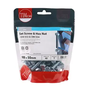 Timco - Set Screws & Hex Nuts - Grade 8.8 - Zinc (Size M8 x 50 - 40 Pieces)