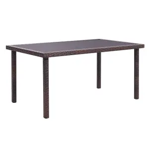 Rustic Rectangle Ratten Effect Wicker Outdoor Garden Wicker Table with Tempered Glass Tabletop Brown 150cm