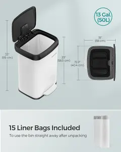 SONGMICS Waste Management Pedal Bin, Tall Kitchen Trash Can, Metal Rubbish Container with Lid, Large, White and Black