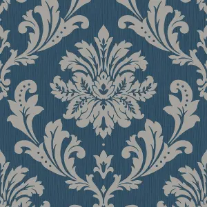 Grandeco Louisa Damask Navy & Silver metallic & glitter Textured Wallpaper