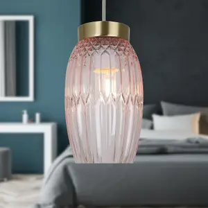 First Choice Lighting Facet Antique Brass with Pink Faceted Glass Pendant Shade