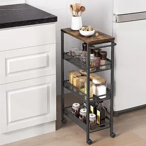 VASAGLE 4-Tier Trolley, Space-Saving Kitchen Cart with Wheels, Steel Frame, Trolley for Small Spaces, Rustic Brown and Black