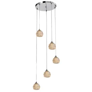 Modern 5 Light Pendant Ceiling Light, G9 Cap Type, Polished Chrome Finish, Glass Shades Included, Bulbs Not Included