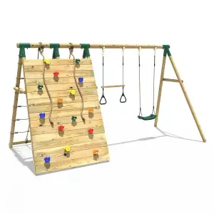 Rebo Beat The Wall Wooden Swing Set with Double up & Over Climbing Wall -Pinnacle