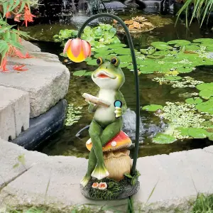 GardenKraft 10949 Solar Powered Light-Up Frog Reading On A Mushroom Garden Ornament