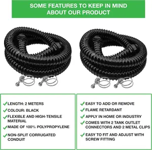 Premium Corrugated Flexible Hose Pond Pipe Set 25mm / 1inch-  2-meter with 2 Double-Wired Hose Clips and 2 Heavy Duty Plastic Butt