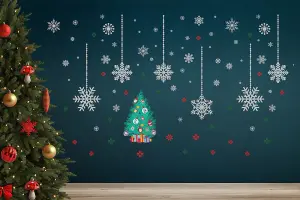 Silver Christmas Snowflakes and Friends Tree, Stickers, Xmas Wall Art, DIY Art