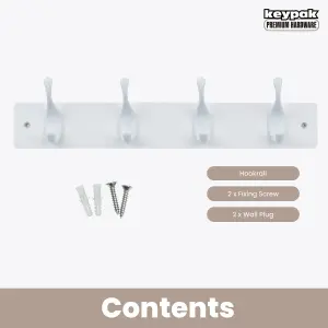 keypak 4 White Coat Hooks on White Wooden Board - 46cm Modern Wall Mounted Coat Rack Clothes Hanger