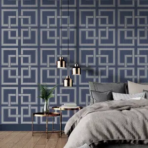 Belgravia Décor Amara Square Geometric Navy Textured Wallpaper