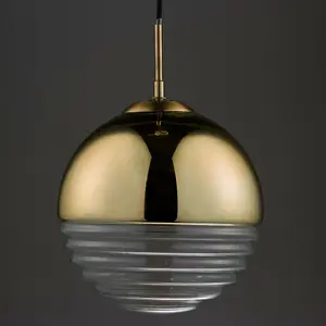 Hanging Ceiling Pendant Light GOLD & RIBBED GLASS Sphere Ball Lamp Bulb Holder