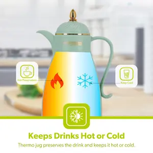 Royalford Glass Vacuum Flask, Vacuum Insulated Tea Carafe 1000ML -Heat & Cold Retention, Thermal Insulated Airpot, Green