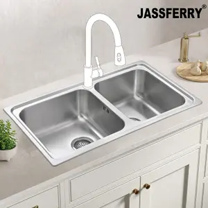 JASSFERRY Brilliant Drop-in Stainless Steel Kitchen Sink 1.5 Two Square Bowl Rome Design, 860 X 500 mm