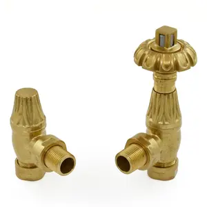 Right Radiators Traditional Thermostatic TRV Antique Design Angled Radiator Rad Valves Pair Polished Brass