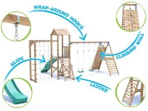 Dunster House Wooden Climbing Frame with Two Swings, Tall Climbing Wall, Monkey Bars, Cargo Net & Slide BalconyFort Low Platform