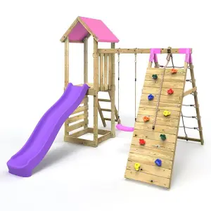 Rebo Challenge Wooden Climbing Frame with Swings, Slide and Up & over Climbing wall - Bear Pink