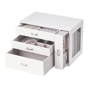 Sleek White Faux Leather Jewellery Box with Transparent Display Window and Necklace Drawer