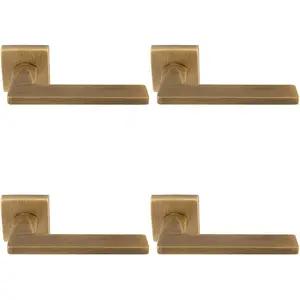 4 PACK - Premium Sleek Slim Door Handle Set - Antique Brass Angled Lever on Square Rose