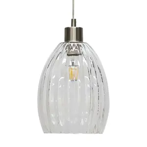 First Choice Lighting Set of 2 Birch Clear Fluted Glass with Satin Nickel Pendant Fittings