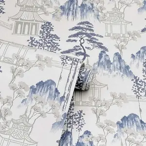 Arthouse Japanese Pagoda Floral Blue Grey Flowers Wallpaper -924803