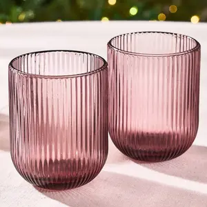 Set of 2 Vintage Luxury Pink Ribbed Short Drinking Glass Whisky Glass Tumbers 270ml