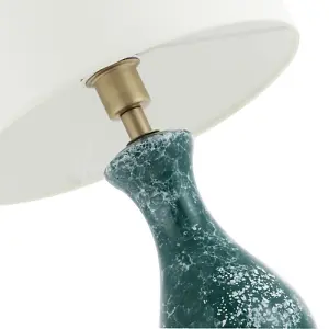 Dark Emerald Green Ceramic Table Lamp Base with White Snowflake and Marble Decor