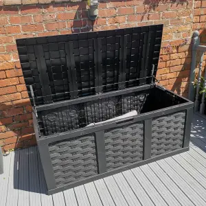 HUGE XXL 634 Litre Rattan Style Garden Cushion Storage Box   Sit on Lid   Black