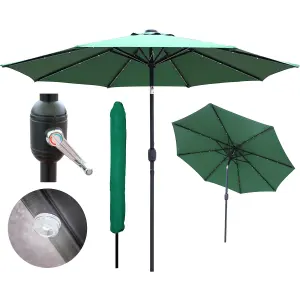 GlamHaus Garden Parasol Solar LED 2.7M ,Tilting Table Umbrella with Crank Handle, Protection UV40, Includes Parasol Cover- Green