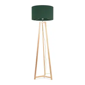 ValueLights Lottie Natural Wood Tripod Floor Lamp with Forest Green Drum Shade - LED Bulb Included