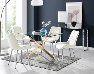 Furniturebox UK Leonardo 4 Gold Dining Table and 4 Cream Pesaro Silver Leg Chairs