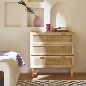 sweeek. 3-drawer chest with cane and wooden effect Camargue Natural 80x40x80 cm