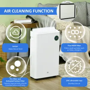 HOMCOM 16L/Day Quiet Air Dehumidifier with Purifier, UVC, Ioniser, Timer, White