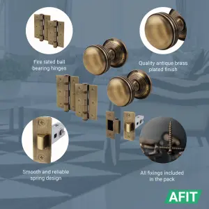 AFIT Lined Door Knob Set Antique Brass - 4 Pairs of Mortice Knobs (55mm), Latch (76mm) & Hinges (76mm) for Internal Doors