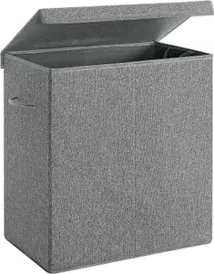 SONGMICS Laundry Hamper, Two-Compartment Washing Basket with Lid, Foldable, Removable Liner, Linen-Look Fabric, Grey