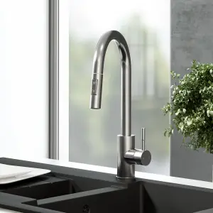 Kersin Cato Brushed Steel Kitchen sink Mixer Tap with Pull-Out Hose and Spray Head