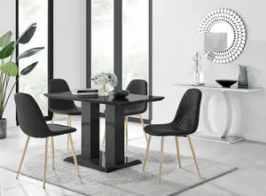 Furniturebox Imperia 4 Modern Black High Gloss Dining Table and 4 Black Corona Gold Leg Chairs