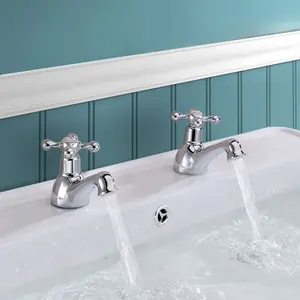 Traditional Bathroom Basin Sink Taps Pair Hot & Cold Cross Head - Chrome