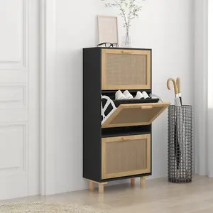 Berkfield Shoe Cabinet Black 52x25x115 cm Engineered Wood&Natural Rattan