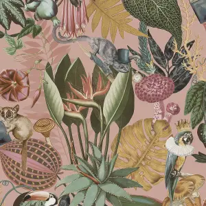 Holden Wonderland Jungle Floral Birds Exotic Blush Sage Green Smooth Wallpaper