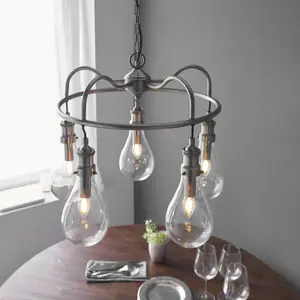 Ceiling Pendant Light - Antique Nickel Plate & Clear Glass - 5 x 6W LED E14