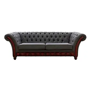 Chesterfield 3 Seater Sofa Antique Oxblood Leather Marinello Pewter Fabric In Jepson Style