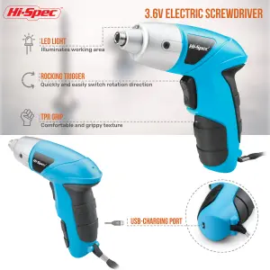 Hi-Spec 27pc 3.6V Blue Compact Electric Power Screwdriver & Driver Bit Set. USB Rechargeable for Cordless Screwdriving