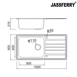 JASSFERRY Kitchen Sink Welding Stainless Steel Bowl Reversible Drainer, 1000 X 500 mm