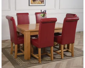 Dakota 152 x 87 cm Chunky Medium Oak Dining Table and 6 Chairs Dining Set with Washington Burgundy Leather Chairs