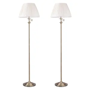 First Choice Lighting Set of 2 Antique Brass Swing Arm Floor Lamps with White Pleated Shades