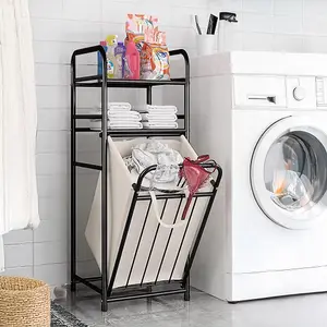 Tilt Out Laundry Hamper Laundry Storage Shelf Bathroom Storage Organizer with 2 Tier Storage Shelf