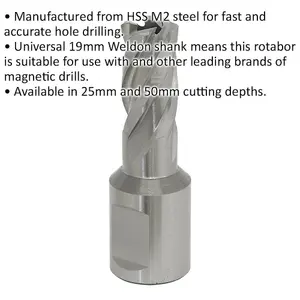 13mm x 25mm Depth Rotabor Cutter - M2 Steel Annular Metal Core Drill 19mm Shank