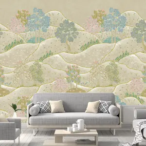 Grandeco Whimsy Neutral Landscape Scene 3 panel repeatable wallpaper Mural, 2.8 x 1.59m, Sage Green