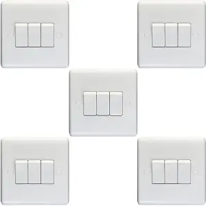 5 PACK 3 Gang Triple 10A Light Switch 2 Way - WHITE PLASTIC Wall Plate Rocker