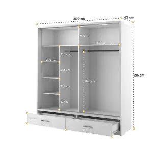 LUX XXIV-  Mirrored Sliding Door Wardrobe (H2150mm W2000mm D630mm) with Drawers and LED Lighting - White